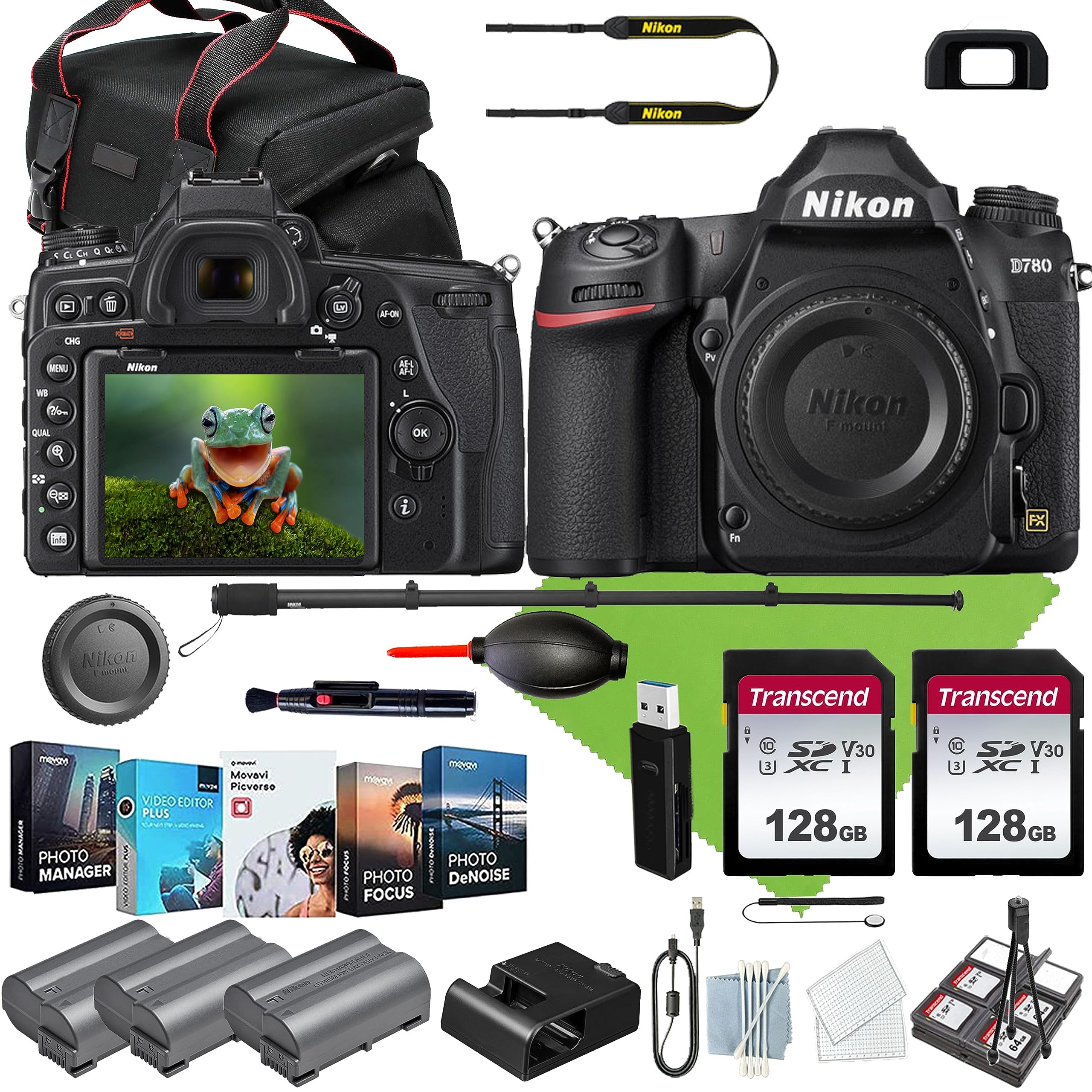 Nikon D780 DSLR Camera Body+ Case+2x128 GIG Memory Card+2Extra Batteries+Photo Software+Tripod+Commander Starter Kit+Monopod(26PC) Bundle (Renewed)