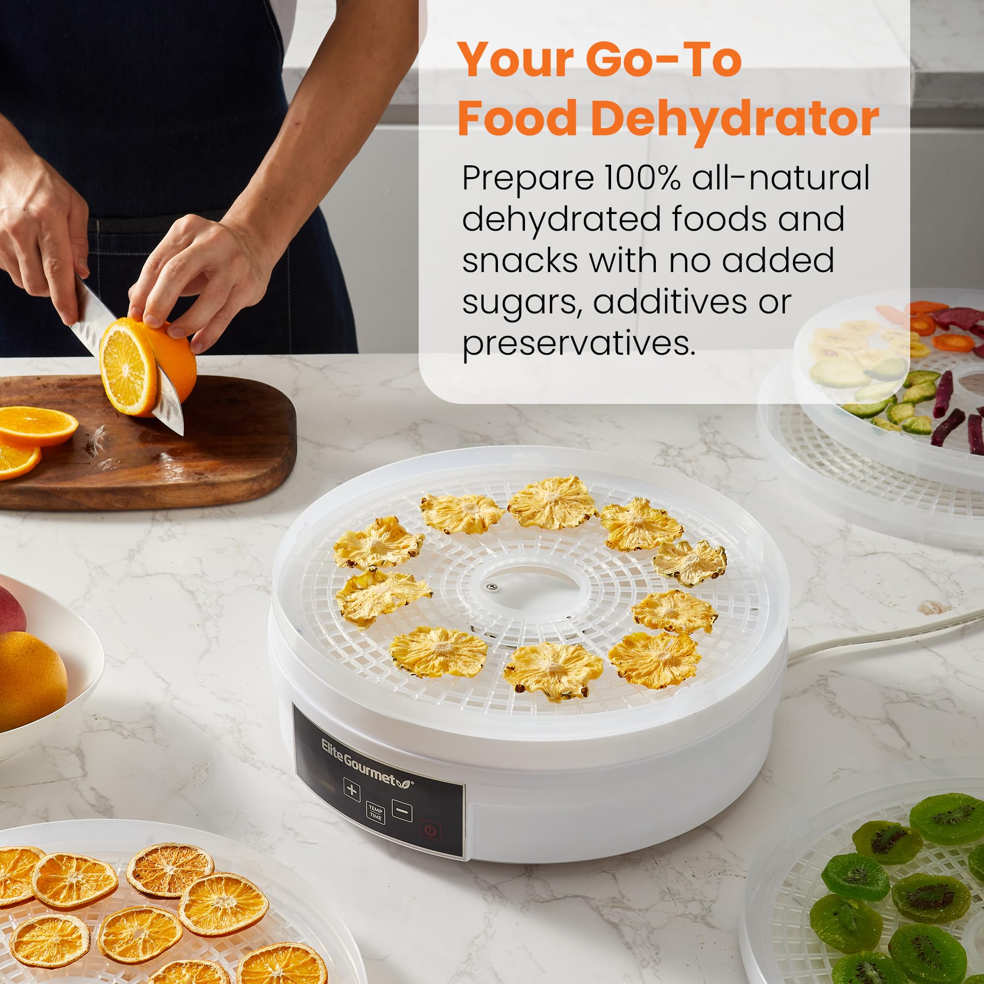 Elite Gourmet EFD770WD Digital Food Dehydrator with 5x12.5” BPA Free Trays, Adjustable 48-hr Timer and Temperature from 95~158F, Jerky, Herbs, Fruit, Veggies, Dried Snacks, White