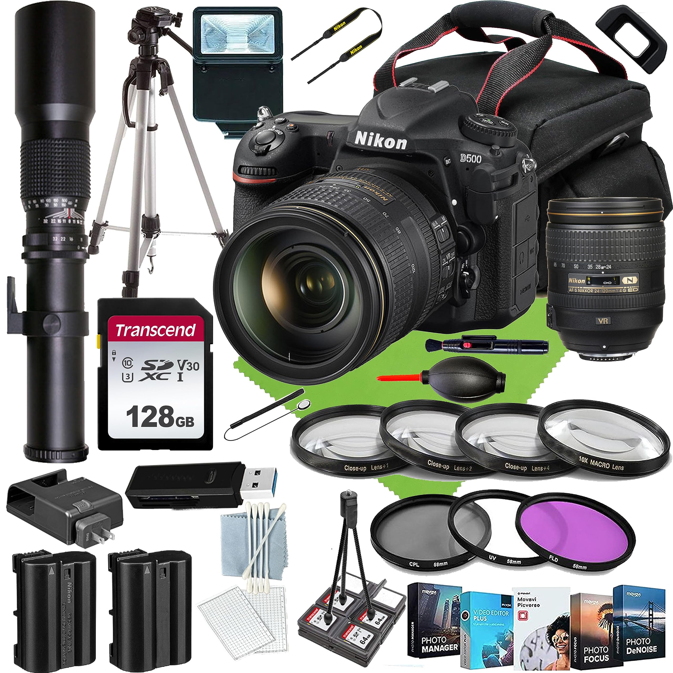 Nikon D500 DSLR Camera with 24-120mm Lens+Case+The 500mm f/8.0 Telephoto preset Lens+Case+128 GIG Memory+Monopod+Tripod+Slave Flash+Photo Software(27PC) Bundle (Renewed)