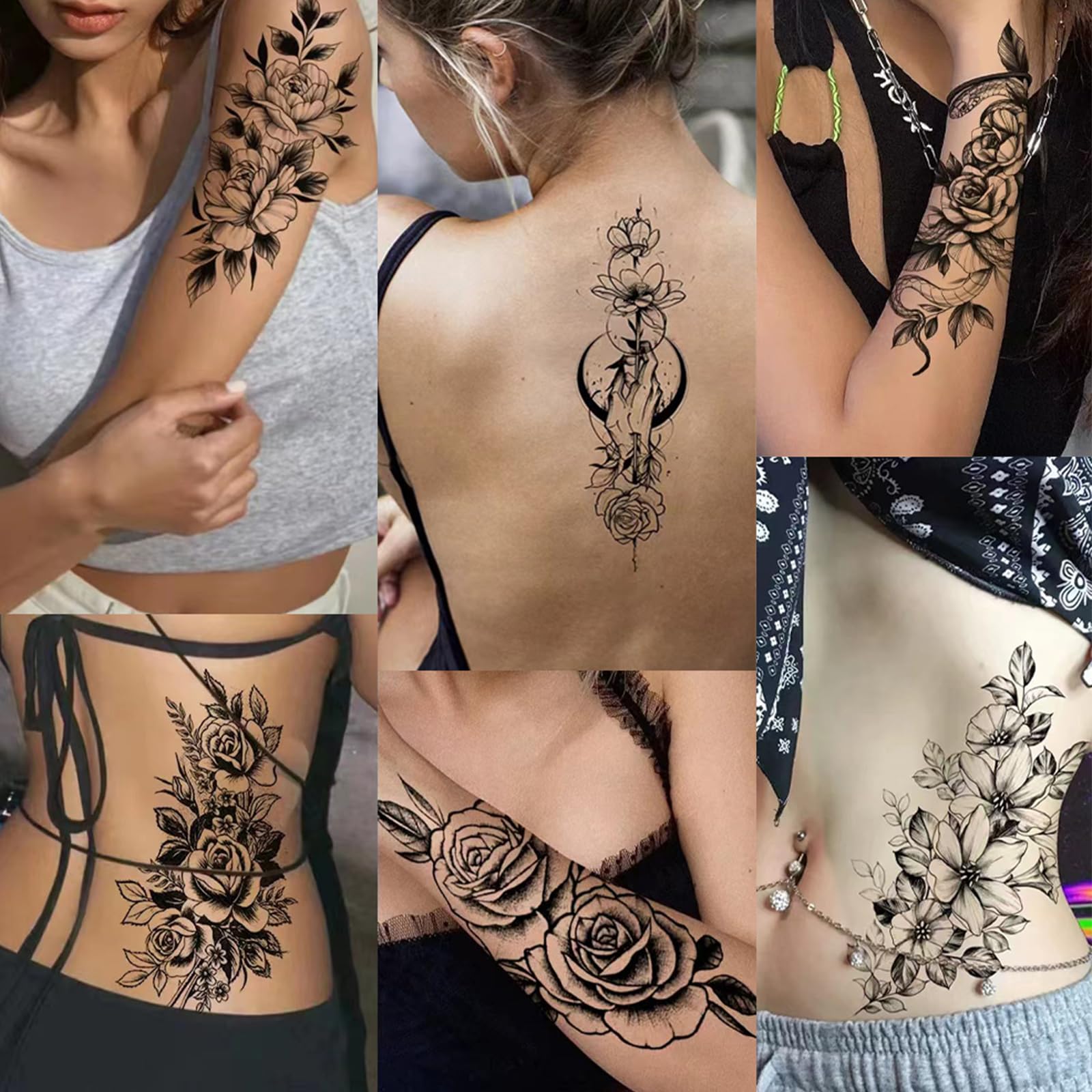 HEYYUNG 18 Pcs Flower Tattoos for Women, Temporary Sexy Tattoos, Realistic 3D Sketch Henna Tattoo Kit Sleeves for Women, Makeup Designs Chest Abdomen Back Tattoos for Girls