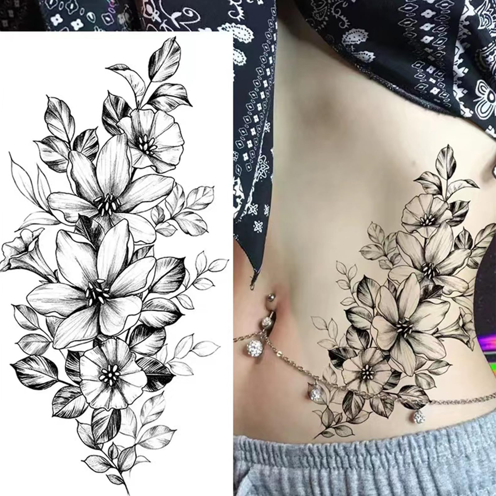 HEYYUNG 18 Pcs Flower Tattoos for Women, Temporary Sexy Tattoos, Realistic 3D Sketch Henna Tattoo Kit Sleeves for Women, Makeup Designs Chest Abdomen Back Tattoos for Girls