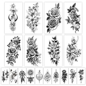 HEYYUNG 18 Pcs Flower Tattoos for Women, Temporary Sexy Tattoos, Realistic 3D Sketch Henna Tattoo Kit Sleeves for Women, Makeup Designs Chest Abdomen Back Tattoos for Girls