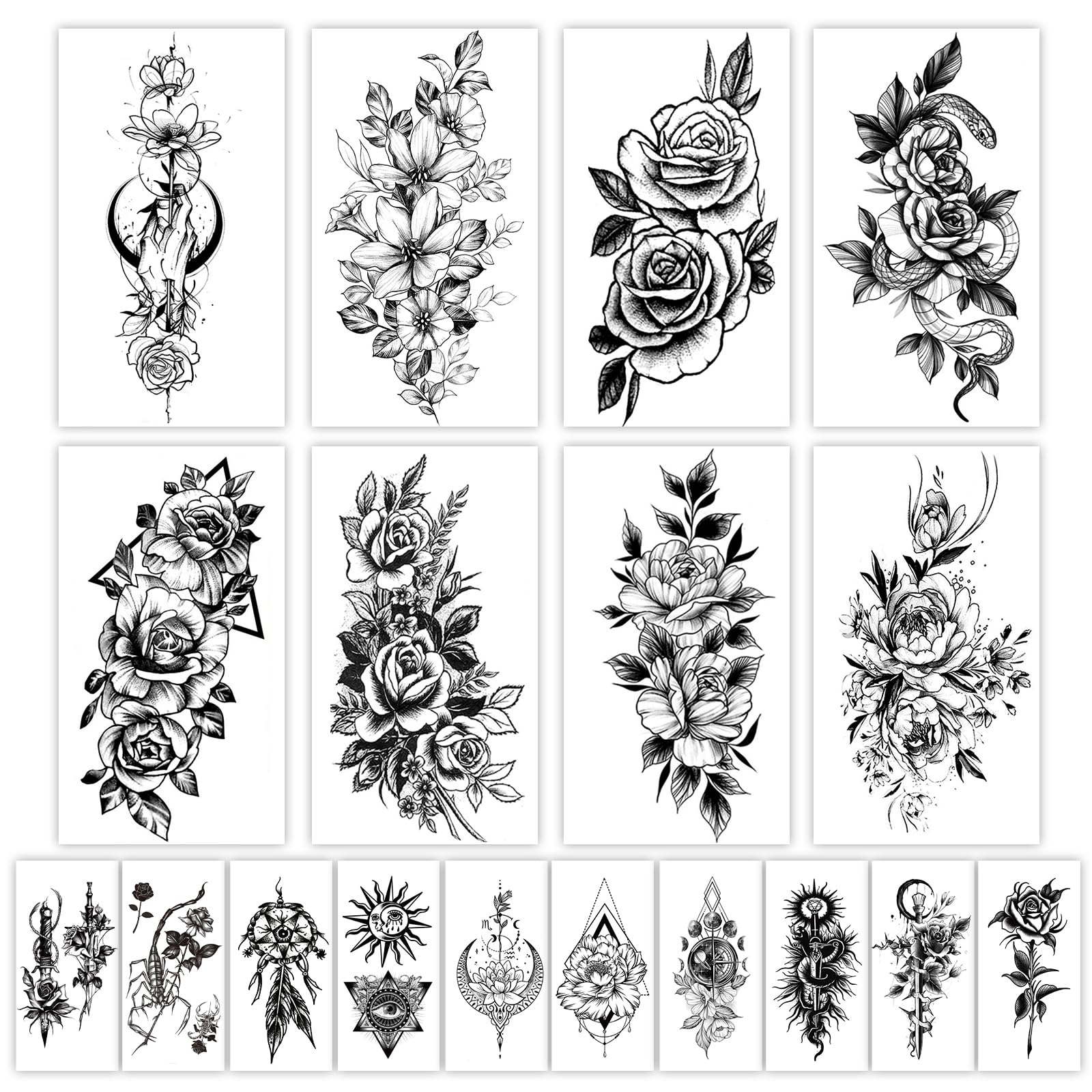 HEYYUNG 18 Pcs Flower Tattoos for Women, Temporary Sexy Tattoos, Realistic 3D Sketch Henna Tattoo Kit Sleeves for Women, Makeup Designs Chest Abdomen Back Tattoos for Girls