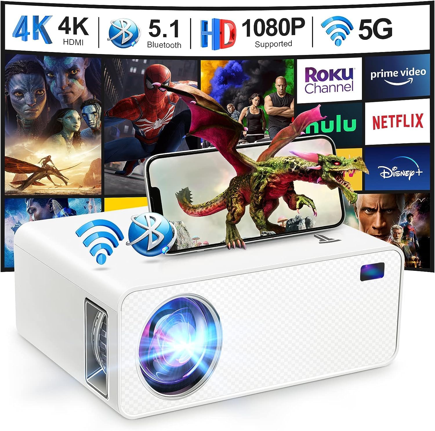 Projector with WiFi and Bluetooth, 5G WiFi Native 1080P 12000L 4K Full HD Projector, ZDK Portable Movie Outdoor Mini Projector Compatible with TV Stick,Smartphone,Laptop,PS5,HDMI,USB,AV