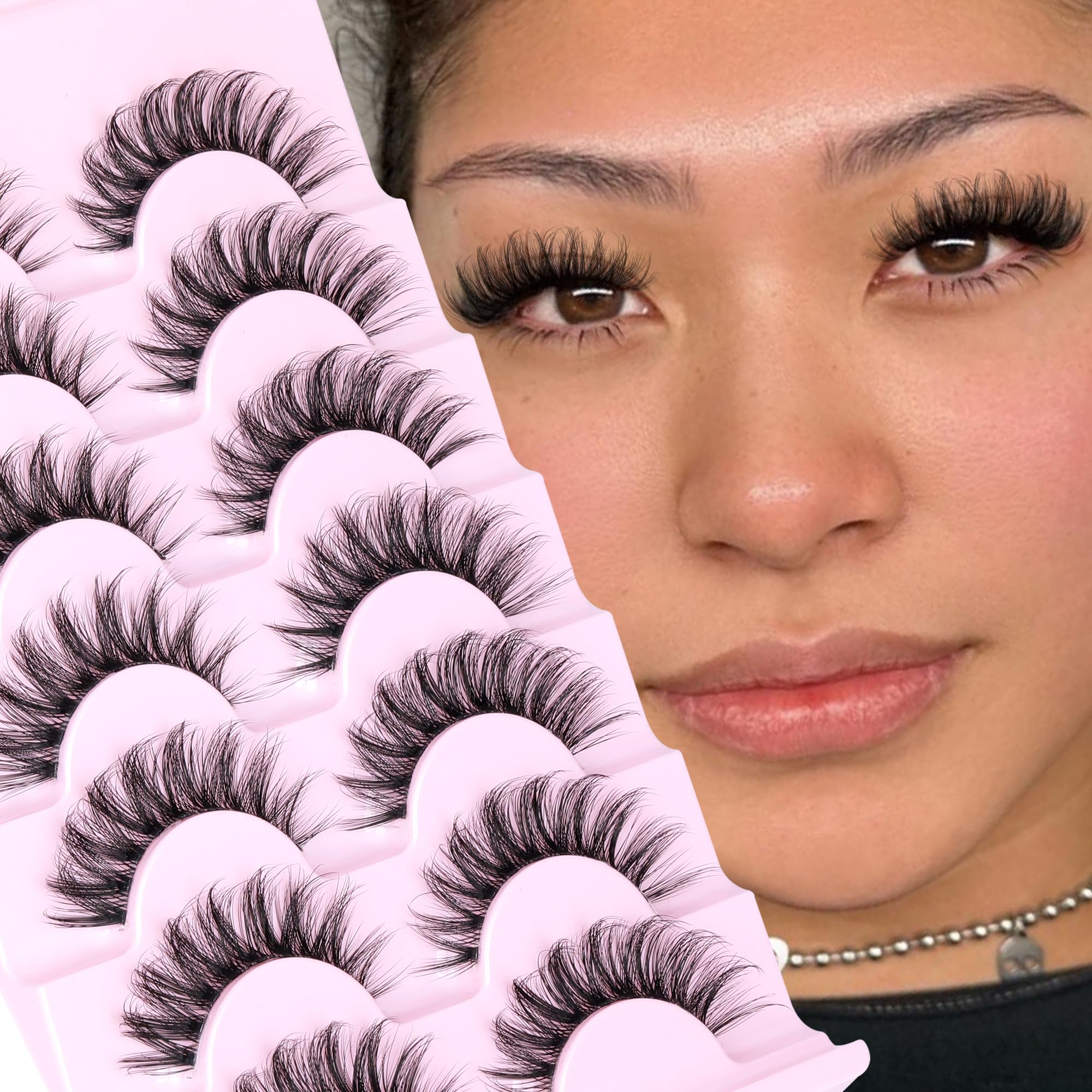 JIMIRE Natural False Eyelashes with Clear Band Mink Fluffy Lashes D Curl Strip Lashes 16MM Volume Natural Look like Lash Extension 5D Cat Eye Lashes 7 Pairs Pack