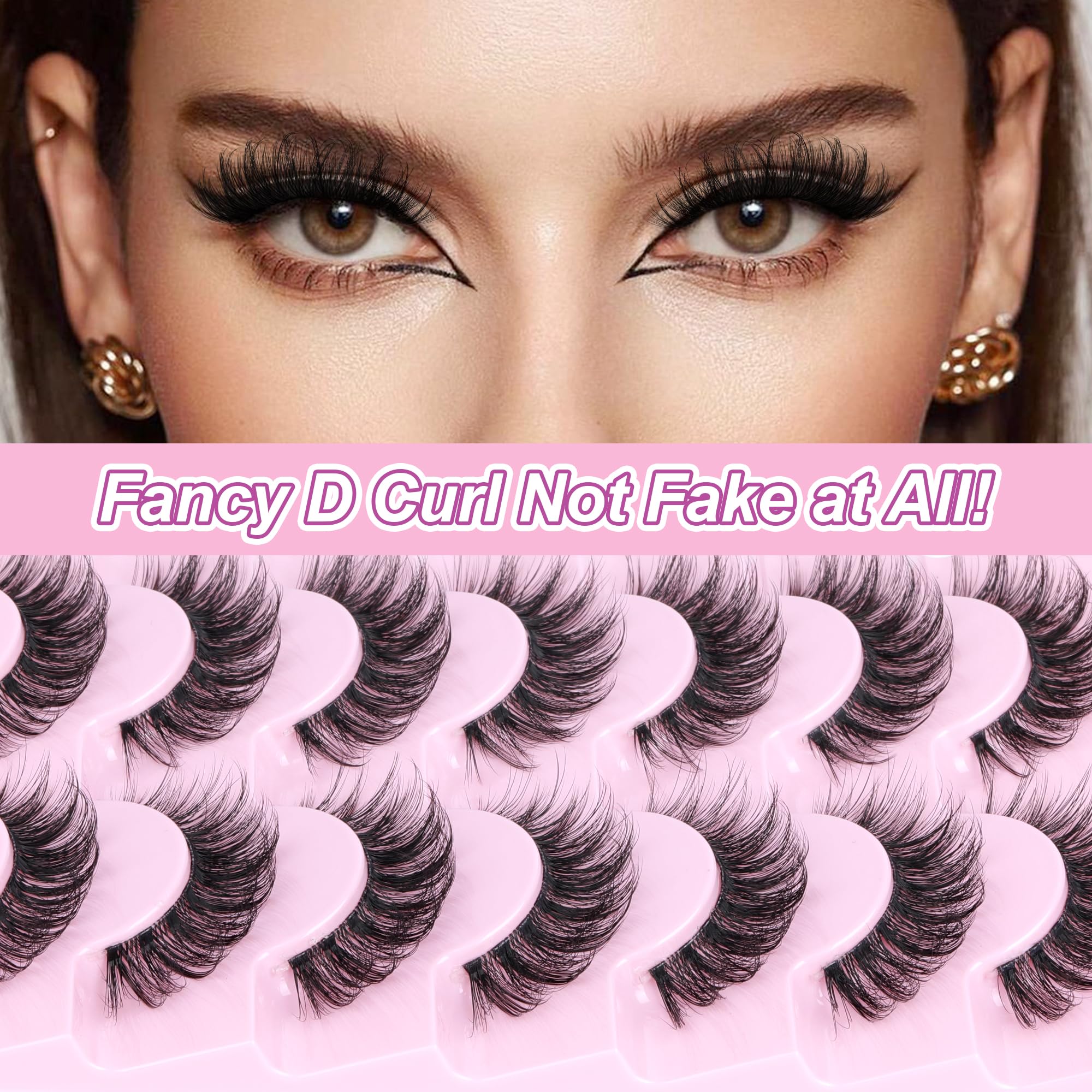 JIMIRE Natural False Eyelashes with Clear Band Mink Fluffy Lashes D Curl Strip Lashes 16MM Volume Natural Look like Lash Extension 5D Cat Eye Lashes 7 Pairs Pack