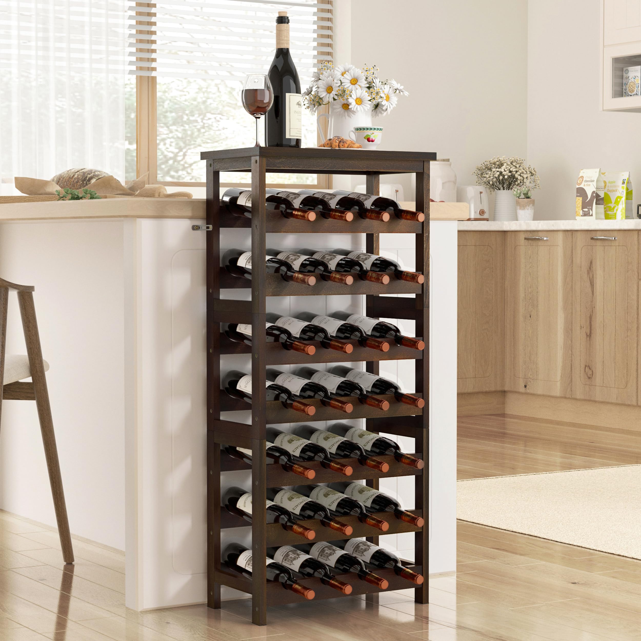 28-Bottle Wine Rack Free Standing Floor, Solid Wood 7-Tier Display Wine Storage Shelves with Tabletop, Wobble-Free Bottle Holder for Cellar Kitchen Bar Dining Room Living Room, Walnut