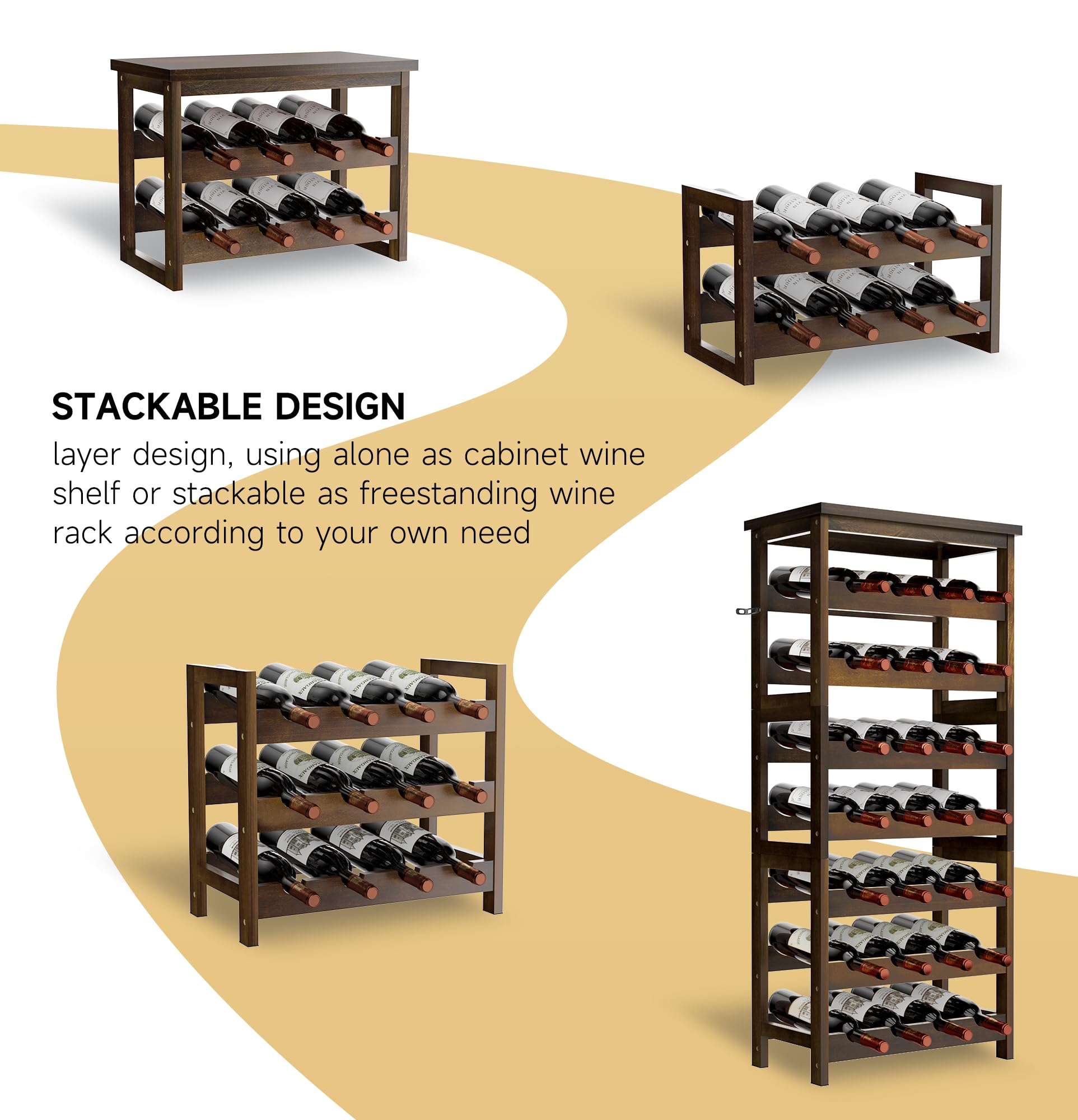 28-Bottle Wine Rack Free Standing Floor, Solid Wood 7-Tier Display Wine Storage Shelves with Tabletop, Wobble-Free Bottle Holder for Cellar Kitchen Bar Dining Room Living Room, Walnut