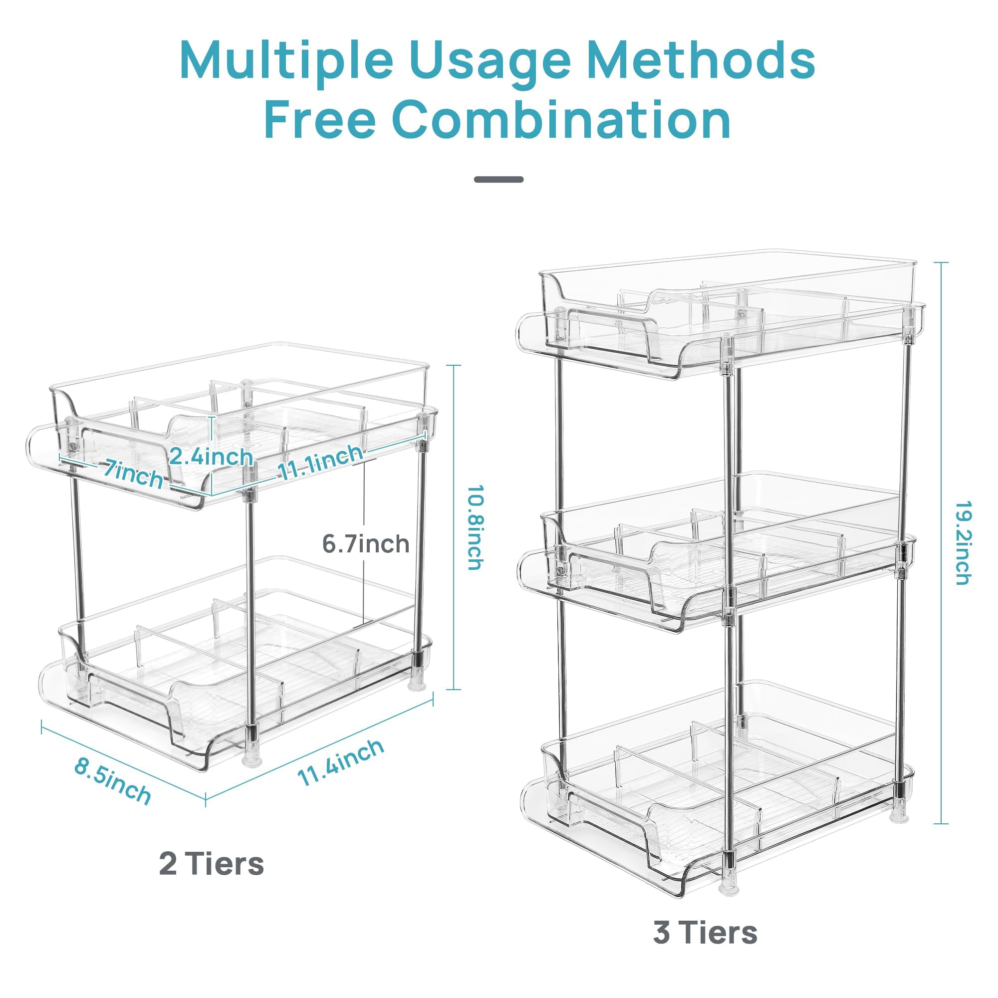 Vtopmart 3 Pack 2 Tier Bathroom Under Sink Organizers and Storage, Clear Kitchen Pantry Organization, Pull Out Medicine Cabinet Organizer with Movable Dividers