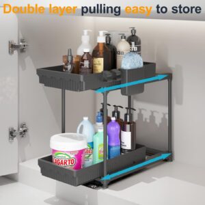 Sevenblue 2 Pack Double Sliding Under Sink Organizers and Storage, 2 Tier Under Bathroom Cabinet Shelf Organizer with Hooks Hanging Cup, Home Organization, Black