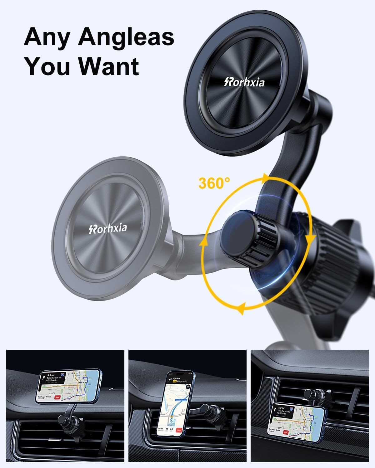 Rorhxia Fits MagSafe Car Mount, [Never Blocking Vent, Enjoy Comfort of A/C] [20 Strong Magnets] Magnetic Phone Holder for Car Universal Extension Vent Clip Car Phone Holder Fit for iPhone 15 Pro Max