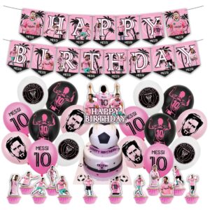 birthday party supplies for messi includes the soccer inspired happy birthday banner - cake topper - 24 cupcake toppers - 16 balloons