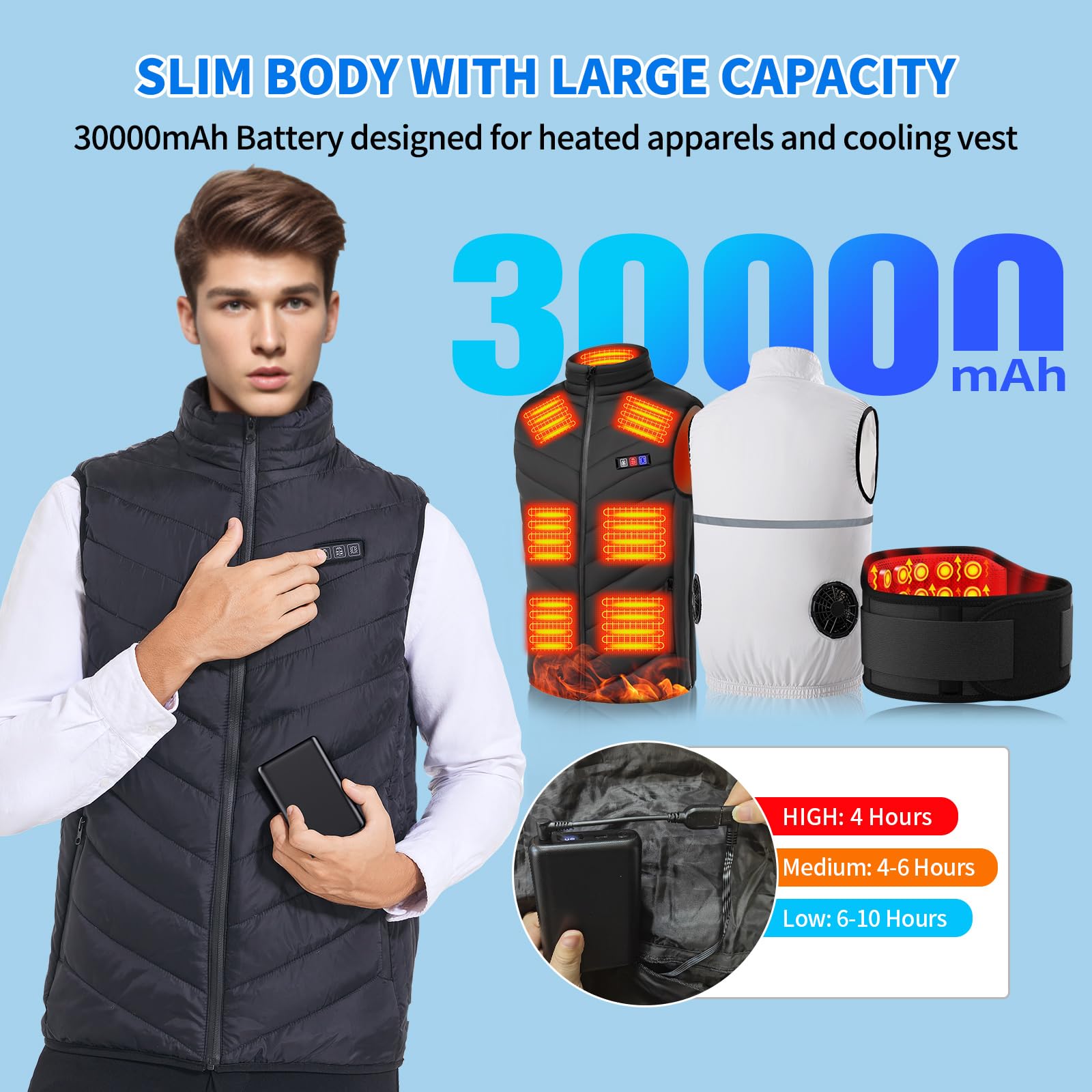 YMTHE Battery Pack, 5V/7.4V 30000mAh Cooling Vest Heated Vest Power Bank, with USB/DC Port LED Display Battery Pack, Portable Charger for iPhone Android