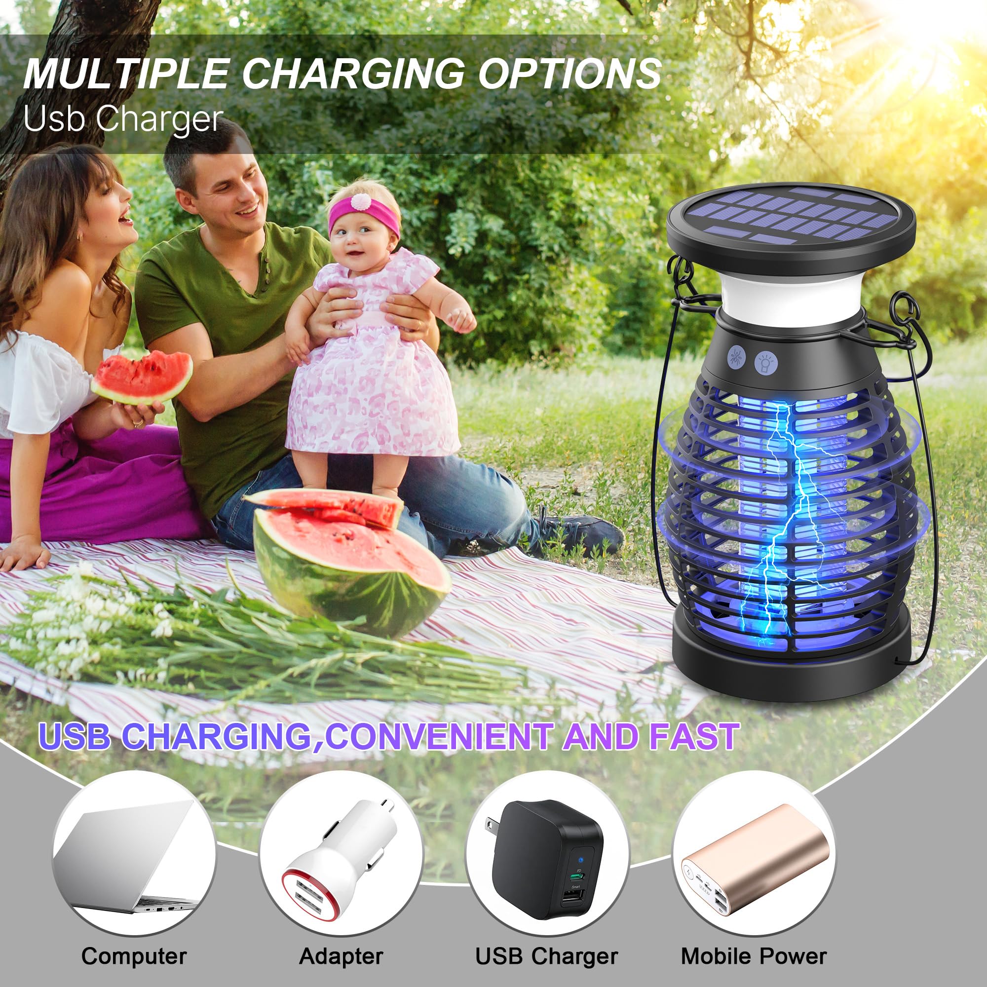 Solar Bug Zapper Outdoor, Rechargeable Cordless Buzzbug Mosquito Zapper Indoor, Waterproof Mosquito Trap Fly Zapper for Garden Patio Camping Essentials