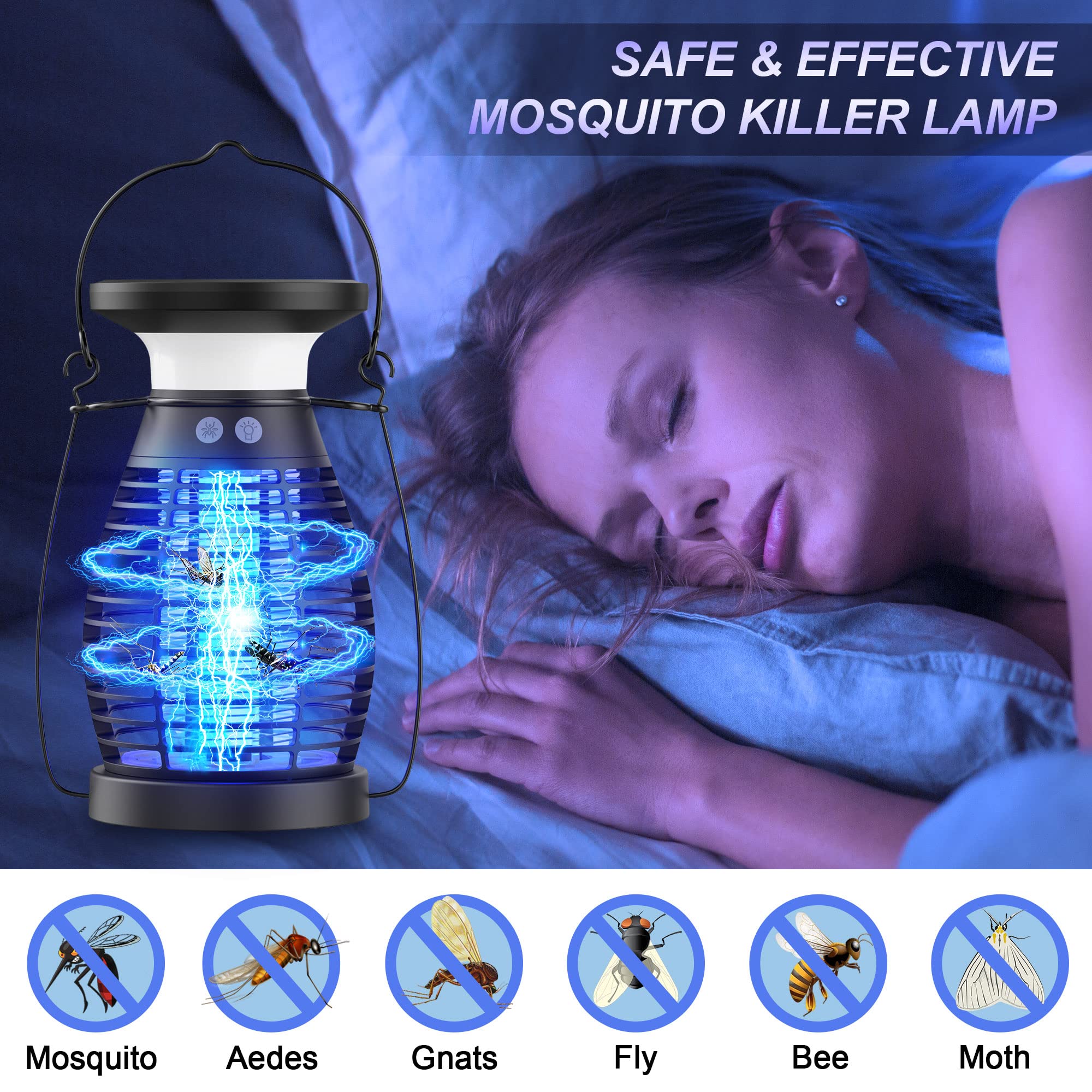 Solar Bug Zapper Outdoor, Rechargeable Cordless Buzzbug Mosquito Zapper Indoor, Waterproof Mosquito Trap Fly Zapper for Garden Patio Camping Essentials