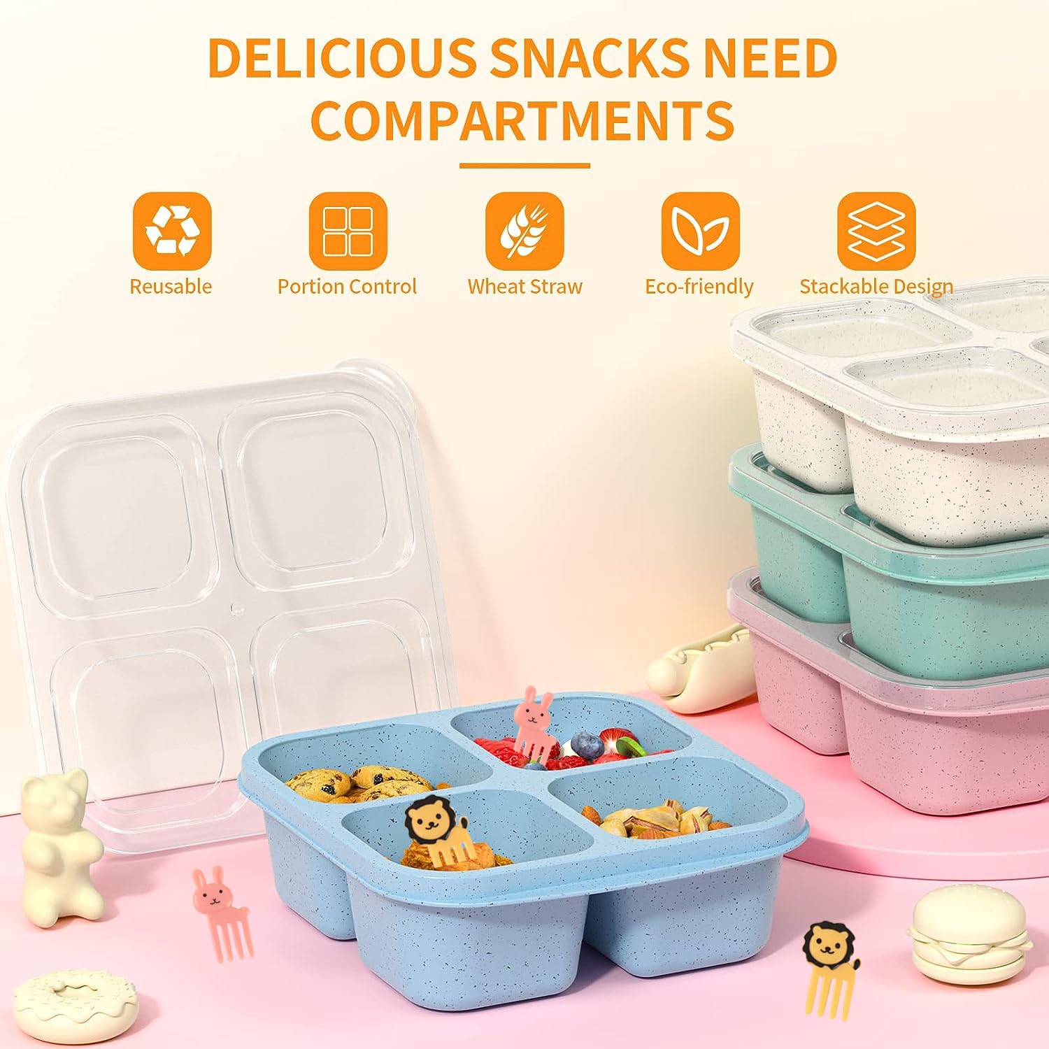 CIGENBON Bento Snack Boxes 4 Pack, Reusable Bento Boxes Kids with 4 Compartments & Fork, Lunch Snack Containers for Kids Adults, Divided Food Storage Containers for School Work Travel (Wheat)