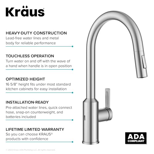 KRAUS Oletto Touchless Sensor Pull-Down Single Handle Kitchen Faucet in Spot-Free Stainless Steel, KSF-2830SFS