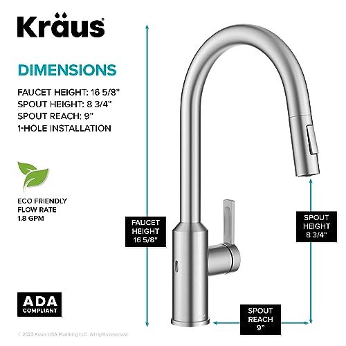 KRAUS Oletto Touchless Sensor Pull-Down Single Handle Kitchen Faucet in Spot-Free Stainless Steel, KSF-2830SFS