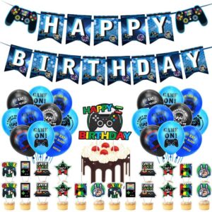 35pcs blue video game birthday party decorations for boys,video game party supplies birthday banner balloons cake toppers for kids men gamers handheld gamepad theme birthday party decoration