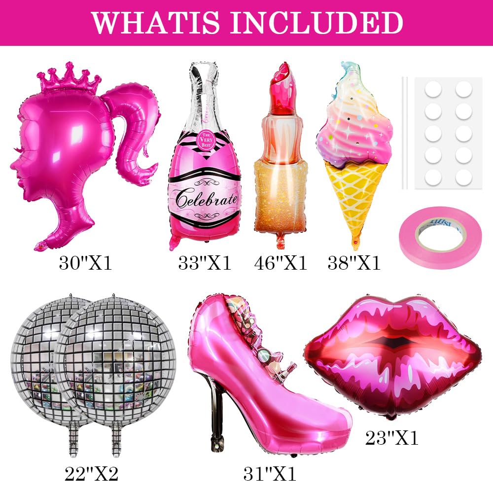 15PCS Hot Pink Princess Girl Doll Foil Balloon Lip Letter LETS GO Party Silver Disco Ball Balloon Photo Prop for Pink Theme Party Decorations Backdrop Bachelorette Party Women Birthday Supplies