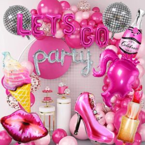 15PCS Hot Pink Princess Girl Doll Foil Balloon Lip Letter LETS GO Party Silver Disco Ball Balloon Photo Prop for Pink Theme Party Decorations Backdrop Bachelorette Party Women Birthday Supplies