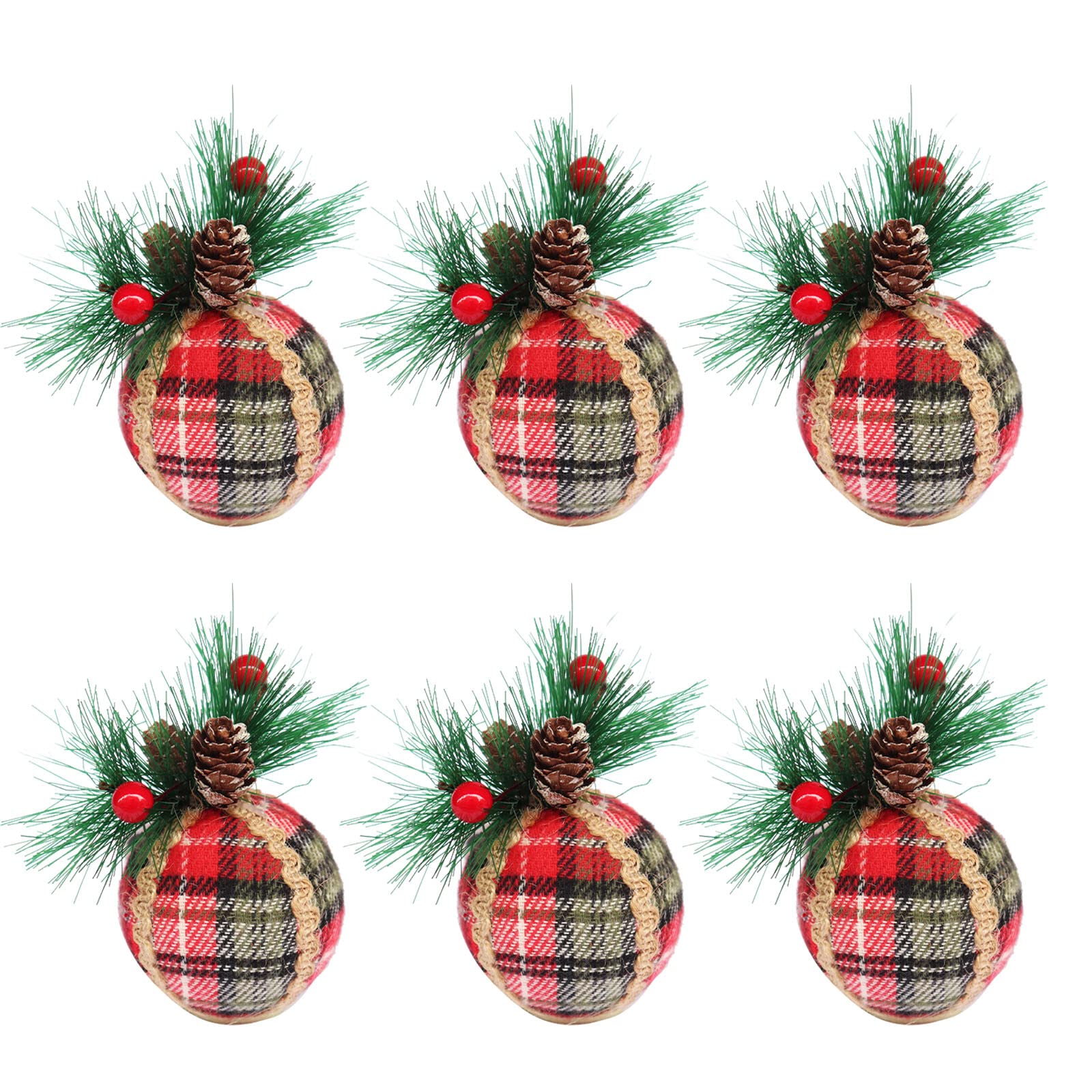 Shatterproof Ball Ornaments with Pinecones & Greenery 6pcs Buffalo Hanging Decorations for Xmas Tree Thin Clear String