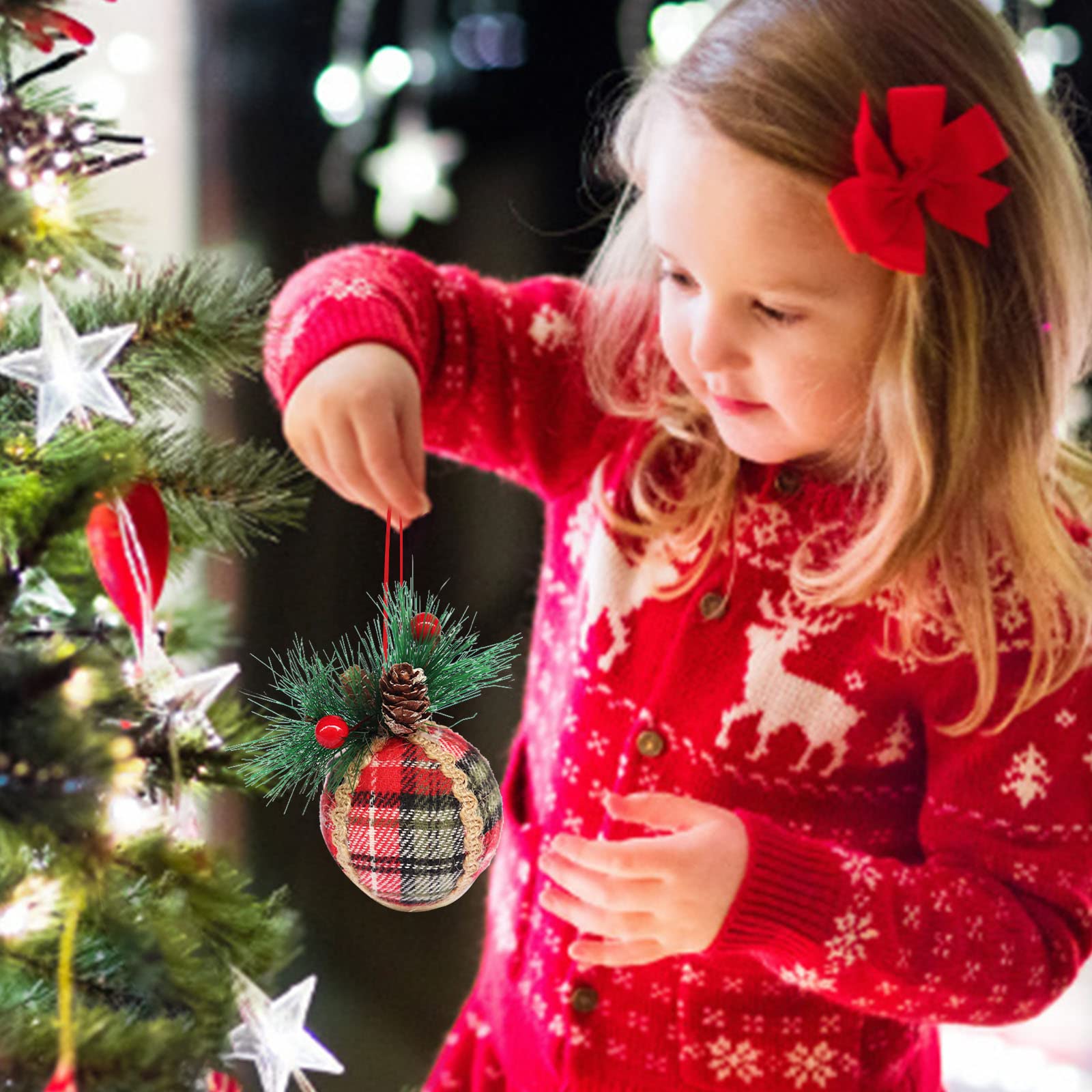 Shatterproof Ball Ornaments with Pinecones & Greenery 6pcs Buffalo Hanging Decorations for Xmas Tree Thin Clear String