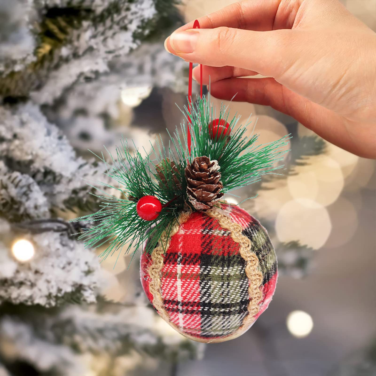 Shatterproof Ball Ornaments with Pinecones & Greenery 6pcs Buffalo Hanging Decorations for Xmas Tree Thin Clear String