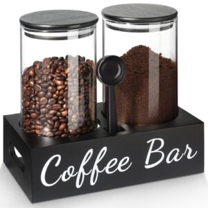 gmisun coffee container, 2pcs 50oz black glass coffee bean storage canister with airtight lids, coffee and sugar jar set with scoop/shelf/labels, coffee containers for coffee bar ground coffee/tea