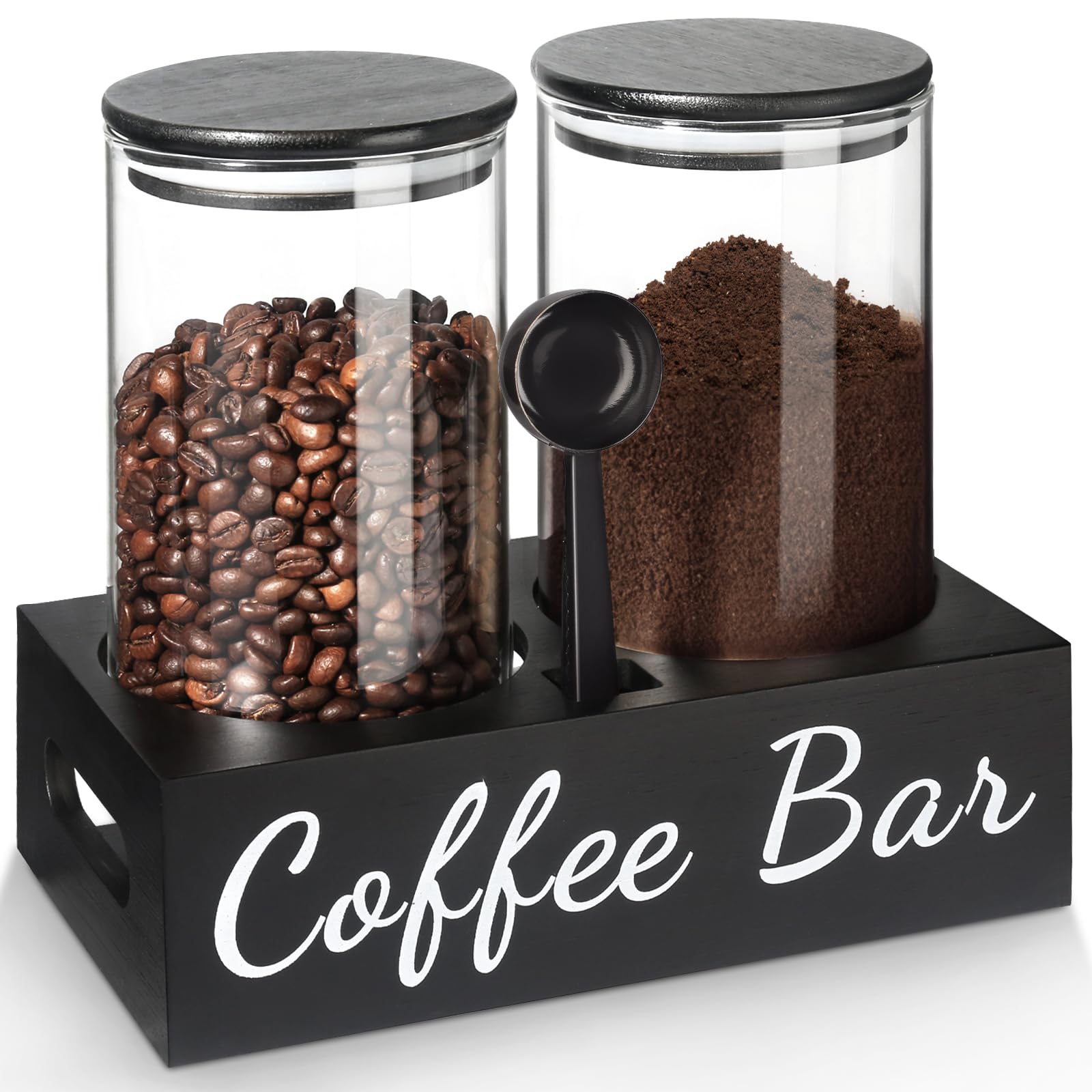 GMISUN Coffee Container, 2Pcs 50oz Black Glass Coffee Bean Storage Canister with Airtight Lids, Coffee and Sugar Jar Set with Scoop/Shelf/Labels, Coffee Containers for Coffee Bar Ground Coffee/Tea