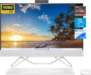 hp 27" touchscreen all-in-one desktop, amd ryzen 7 5700u(beats i7-1265u), fhd ips display, 64gb ram, 2tb ssd, 1080p webcam, wireless keyboard & mouse combo, wifi, windows 11 home, bundle with jawfoal