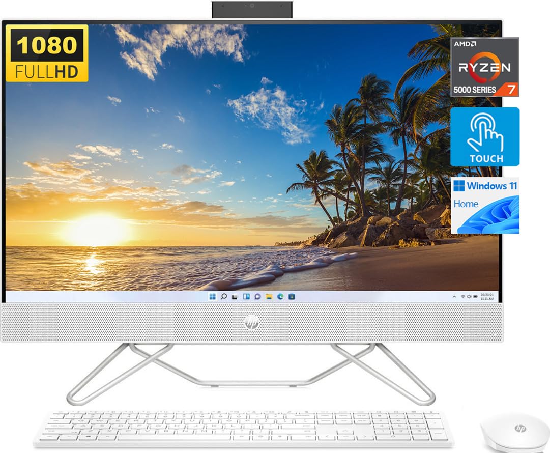 HP 27" Touchscreen All-in-One Desktop, AMD Ryzen 7 5700U(Beats i7-1265U), FHD IPS Display, 64GB RAM, 2TB SSD, 1080P Webcam, Wireless Keyboard & Mouse Combo, WiFi, Windows 11 Home, Bundle with JAWFOAL