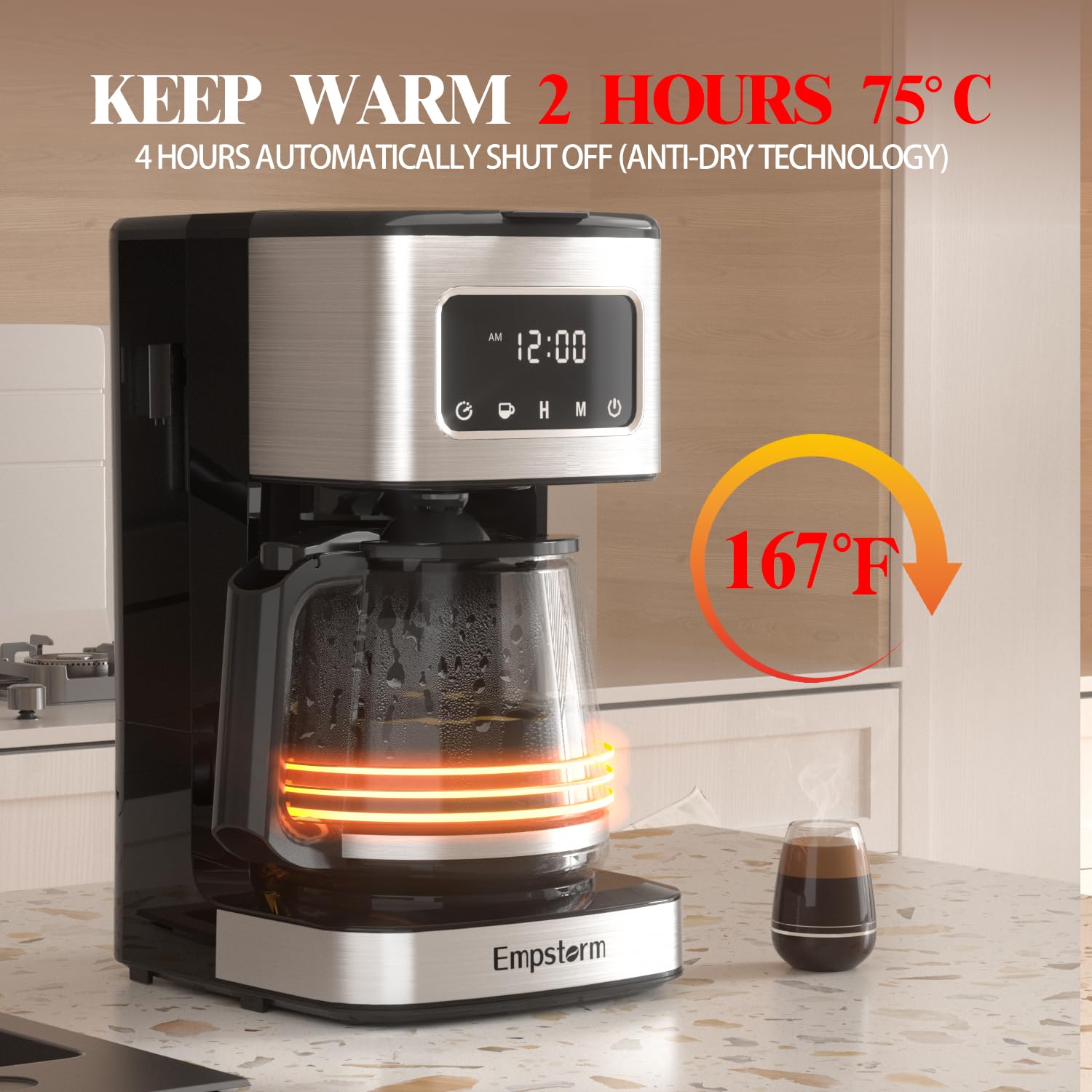 Empstorm Coffee Machine for 8 to 12 Cup Large Coffee Maker,Keep Warm for 24 Hours with Led Touch Screen,Automatic Power Off Function,Regular & Strong Brew Two Modes with Glass Coffee Pot