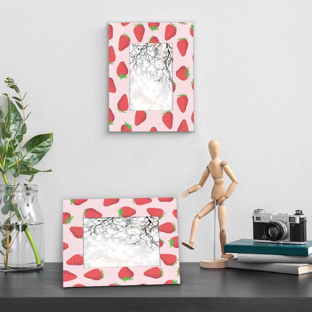 Pardick Red Strawberry 4x6 Picture Frame, Pink Wooden Photo Frames for Tabletop and Wall Display, Picture Frame Home Office Decor