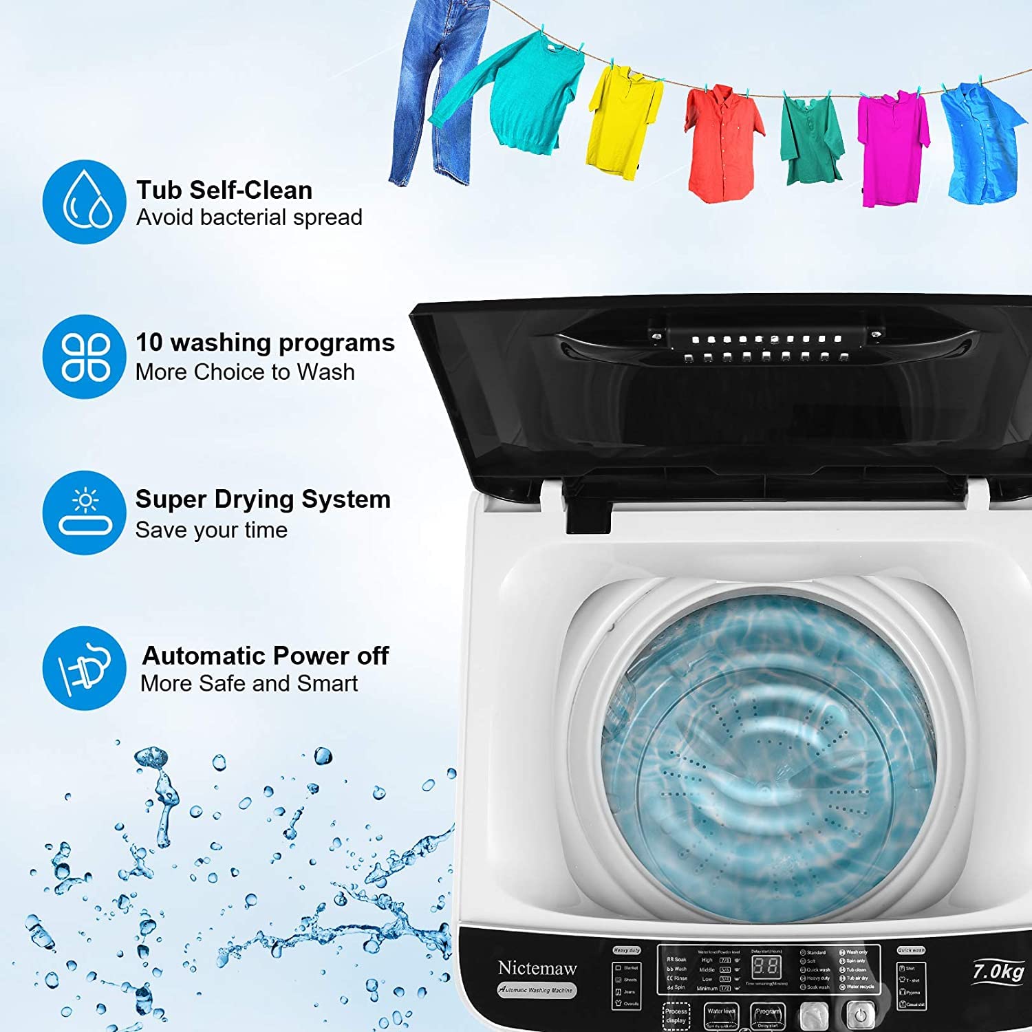 Nictemaw Portable Washing Machine, 17.8Lbs Capacity Full-Automatic Portable Washer, 2.4Cu.ft Washer and Dryer Combo with Drain Pump, 10 Programs 8 Water Levels Compact Laundry Washer for Apartment RV