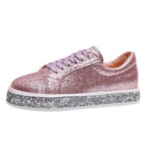 women's glitter sneakers envez shiny lace-up low top fashion sneaker bling non slip flats shoes ladies casual tennis shoes outdoor comfortable running walking shoes a-pink