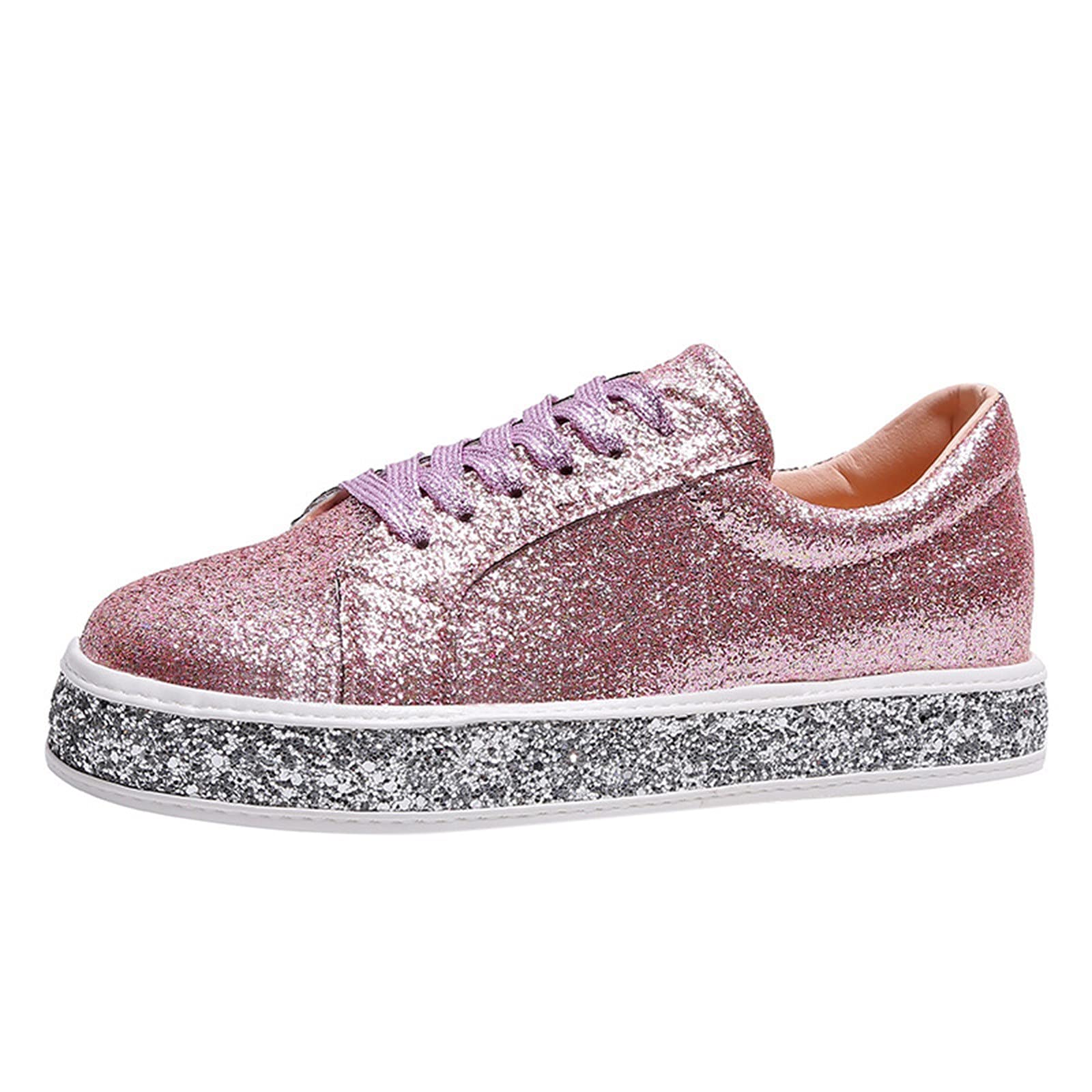 Women's Glitter Sneakers ENVEZ Shiny Lace-up Low Top Fashion Sneaker Bling Non Slip Flats Shoes Ladies Casual Tennis Shoes Outdoor Comfortable Running Walking Shoes A-Pink