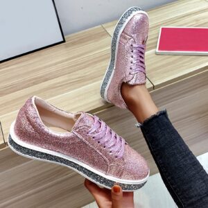 Women's Glitter Sneakers ENVEZ Shiny Lace-up Low Top Fashion Sneaker Bling Non Slip Flats Shoes Ladies Casual Tennis Shoes Outdoor Comfortable Running Walking Shoes A-Pink