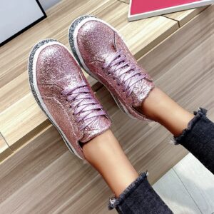 Women's Glitter Sneakers ENVEZ Shiny Lace-up Low Top Fashion Sneaker Bling Non Slip Flats Shoes Ladies Casual Tennis Shoes Outdoor Comfortable Running Walking Shoes A-Pink