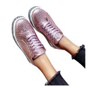 Women's Glitter Sneakers ENVEZ Shiny Lace-up Low Top Fashion Sneaker Bling Non Slip Flats Shoes Ladies Casual Tennis Shoes Outdoor Comfortable Running Walking Shoes A-Pink