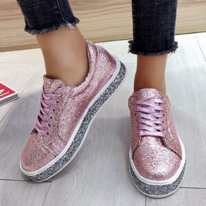 Women's Glitter Sneakers ENVEZ Shiny Lace-up Low Top Fashion Sneaker Bling Non Slip Flats Shoes Ladies Casual Tennis Shoes Outdoor Comfortable Running Walking Shoes A-Pink