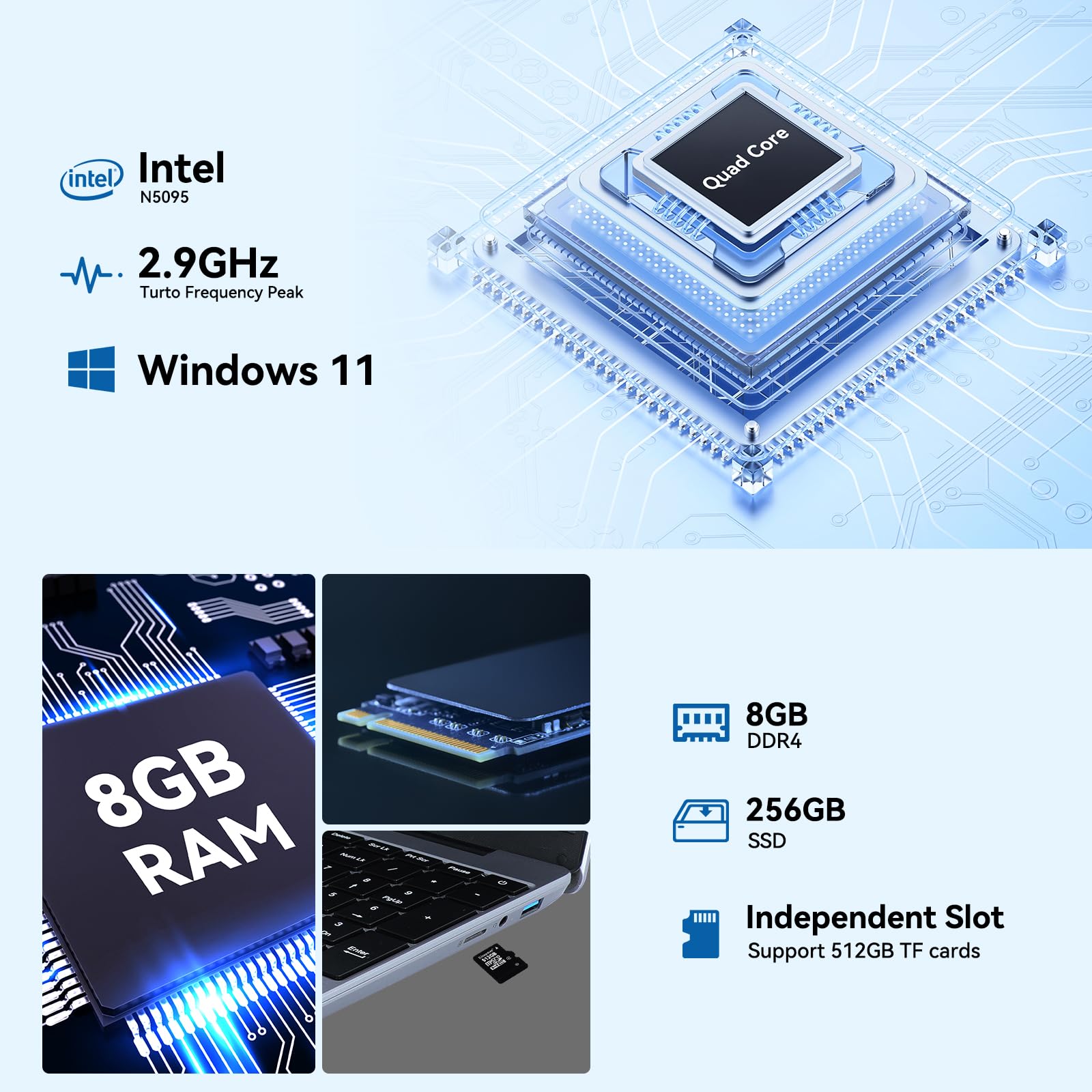 ANMESC 15.6" Laptop Computer, Windows 11 laptops, Quad-Core Intel Celeron N5095 Processors, Laptop Computers with 1366 * 768 IPS Display, 5000mAh Battery, 8GB DDR4 256GB SSD, WiFi, Bluetooth, Type-C