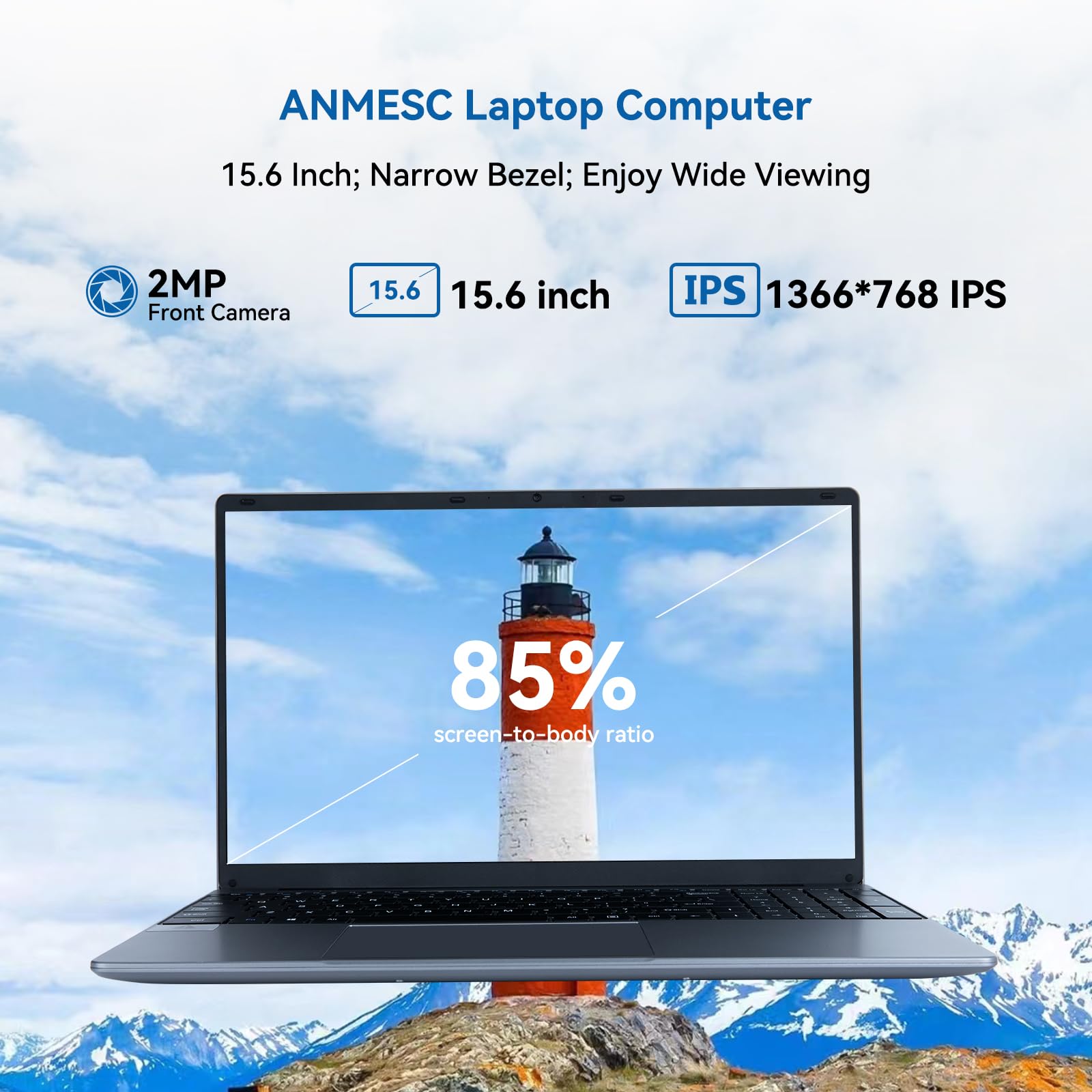 ANMESC 15.6" Laptop Computer, Windows 11 laptops, Quad-Core Intel Celeron N5095 Processors, Laptop Computers with 1366 * 768 IPS Display, 5000mAh Battery, 8GB DDR4 256GB SSD, WiFi, Bluetooth, Type-C