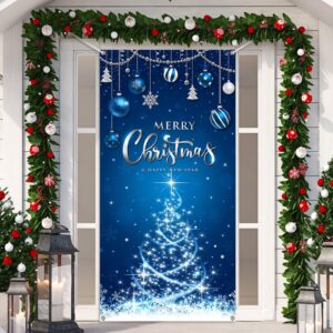 christmas decorations merry christmas door cover christmas background banner xmas door hanging covers photo booth props for christmas party decorations supplies, 70.9 x 35.4 inch (blue style)