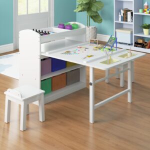 ijuicy kids art table & chair set, wooden drawing painting craft center, wooden activity table & chair set with 6 storage boxes, kids craft table for boys, girls (white)