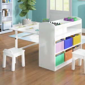 ijuicy Kids Art Table & Chair Set, Wooden Drawing Painting Craft Center, Wooden Activity Table & Chair Set with 6 Storage Boxes, Kids Craft Table for Boys, Girls (White)