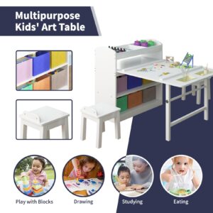 ijuicy Kids Art Table & Chair Set, Wooden Drawing Painting Craft Center, Wooden Activity Table & Chair Set with 6 Storage Boxes, Kids Craft Table for Boys, Girls (White)