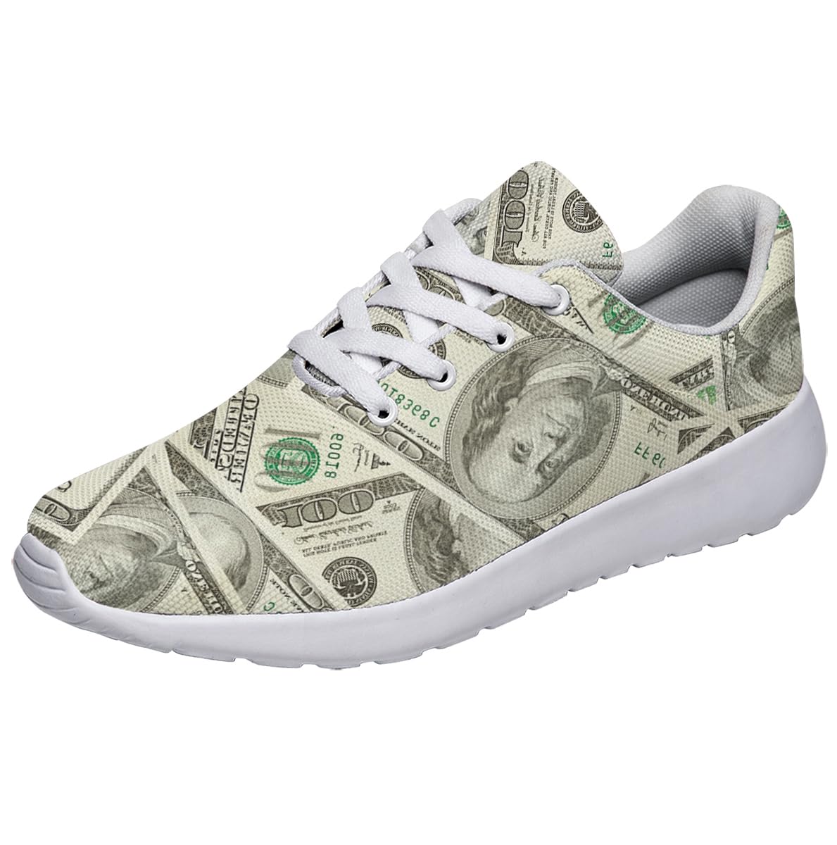 Sonzj-II Money Pattern Fashion Ultra Lightweight Running Sneakers Men Women 100 Dollar Bill Print Walking Tennis Shoes White Size 12