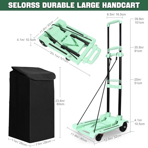 SELORSS 2-in-1 Foldable Hand Truck Utility Cart, Portable Grocery Shopping Cart with Wheels and Removable Waterproof Bag, Collapsible Lightweight Large Capacity for Supermarket, Laundry, Camping