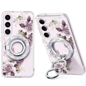 gviewin bundle - compatible with samsung galaxy s23 plus case (cherry blossoms/purple) + magnetic phone ring holder (glitter/silver)